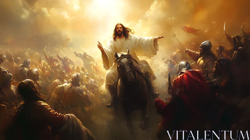 Radiant messianic rider leads armored host through golden storm