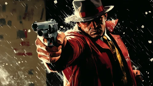 Noir gunman in red trench coat aiming forward in rain.