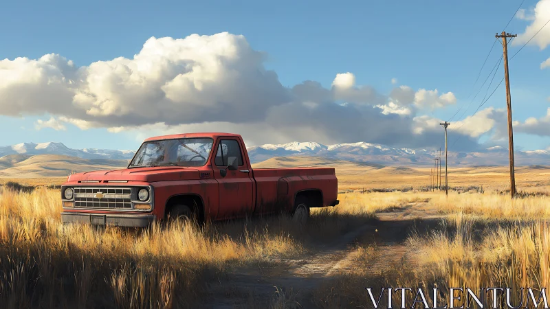 Red pickup truck in dry field under distant mountain range.