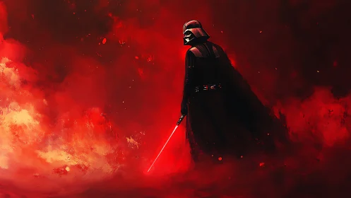 Armored dark figure in red nebular haze wields energy blade