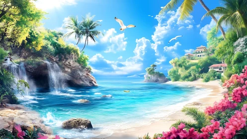 Tropical Coastal Cove with Waterfall and Beach.