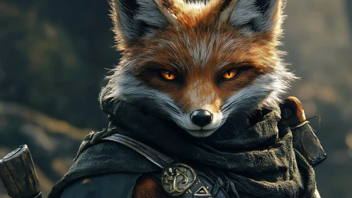 Cinematic vulpine ranger portrait with tactical gear detailing.