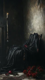 Dark velvet chair with candlelight and scattered red roses.