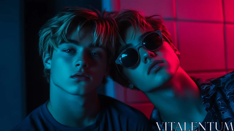 Dual-portrait neon rim lighting on two teens in blue magenta glow.