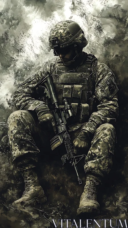 Lone soldier in digital camouflage resting with rifle.