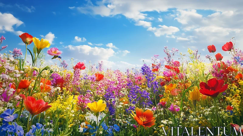 Wildflower Meadow Blooming Against Bright Blue Sky.