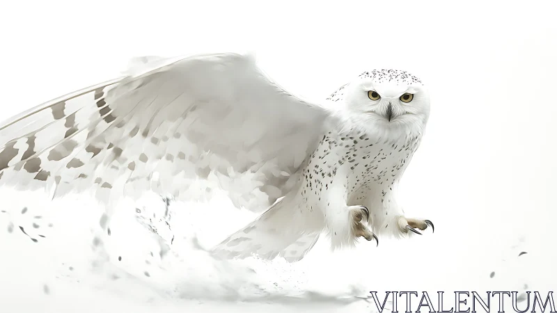 Snowy owl in mid-flight, hyper-realistic digital art style.