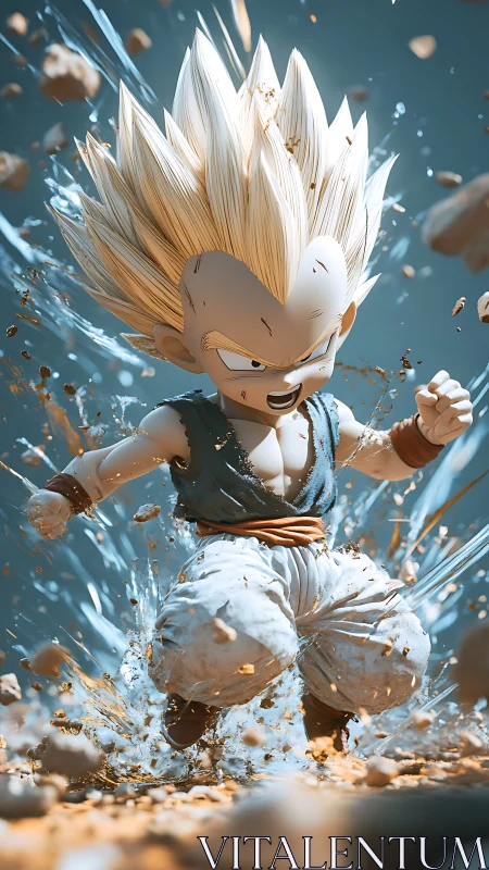 Stylized 3D chibi warrior in explosive ground-impact energy burst