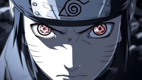Intense anime ninja close-up with glowing hypnotic eyes.
