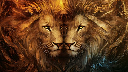 Twin elemental lions in fiery and icy mirrored portrait.