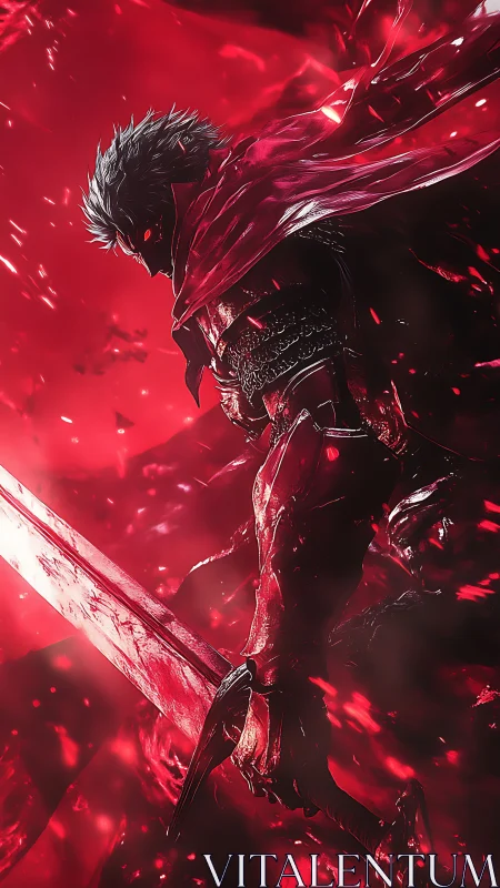 Dark armored swordsman strides through blazing crimson void.