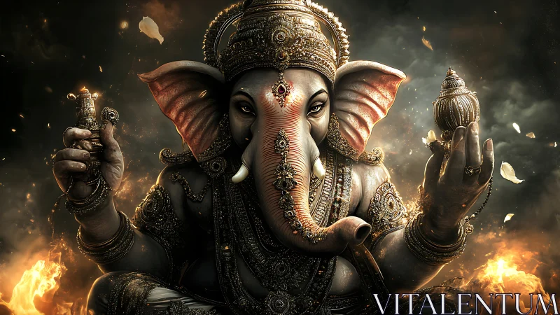 Divine Ganesha portrait with ornate firelit detailing.