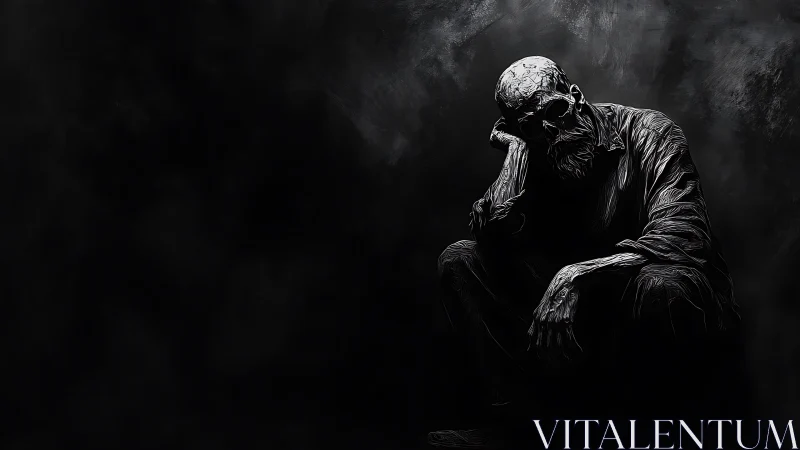 Brooding skeletal drifter broods in cavernous shadowed void.