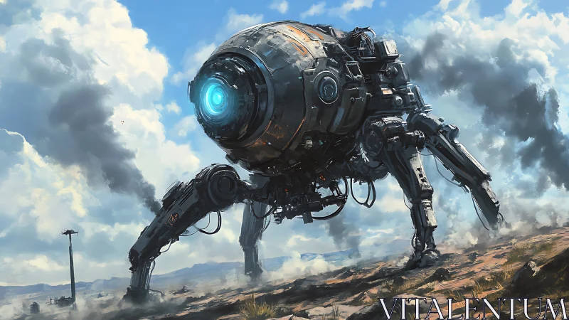 Quadrupedal spherical mech crossing smoky desert terrain.