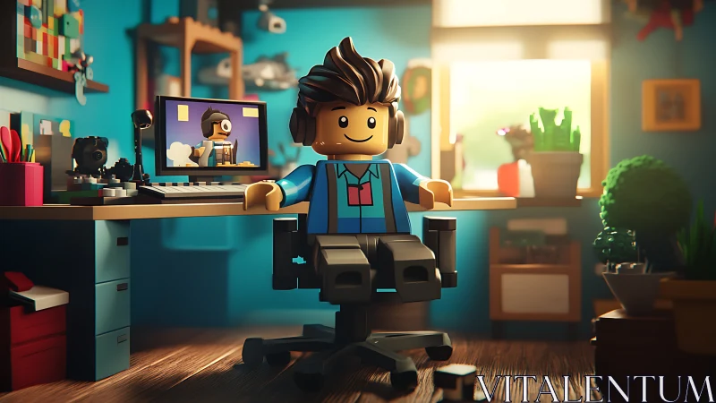 Lego creator streaming in sunlit home studio workspace.
