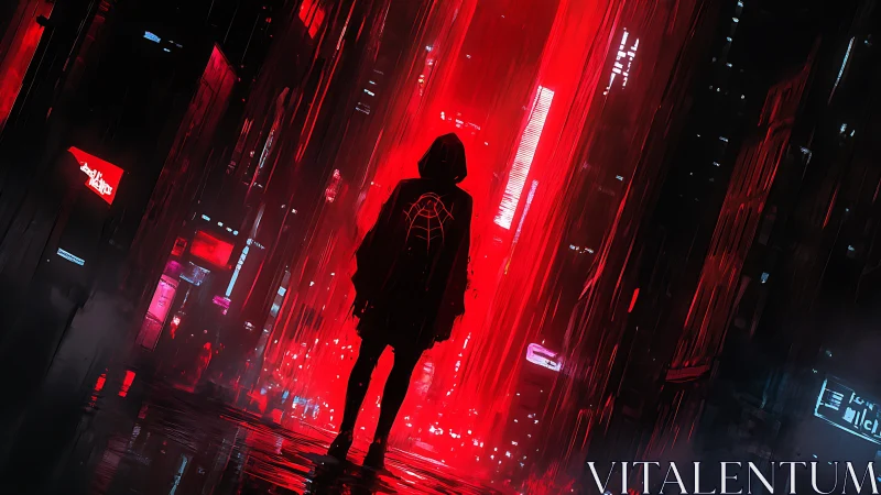 Cyberpunk hooded figure in neon drenched alleyway perspective.