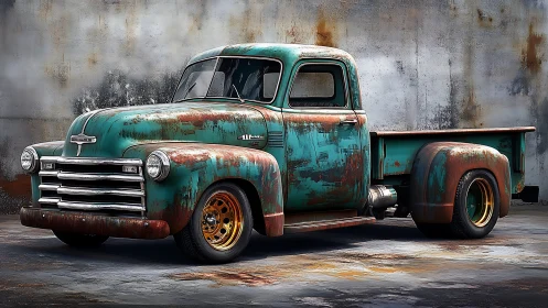 Weathered turquoise vintage pickup truck in rustic setting.