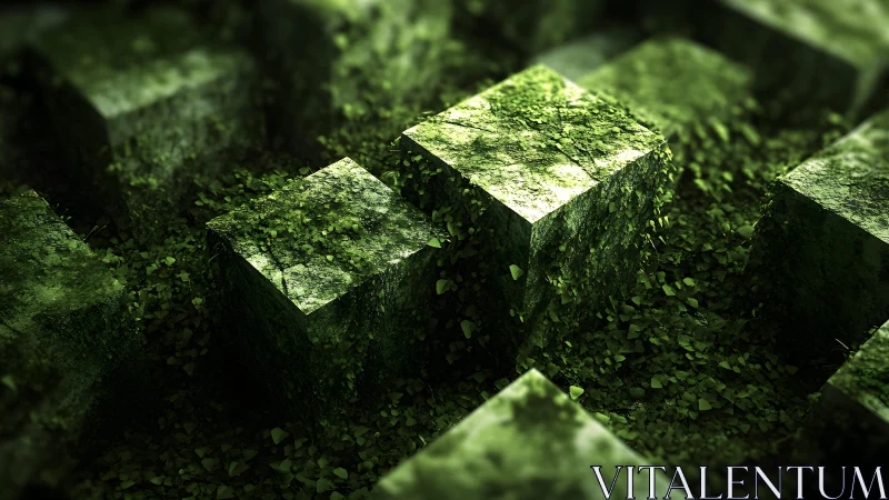 Moss-covered stone cubes illuminated by soft directional forest light