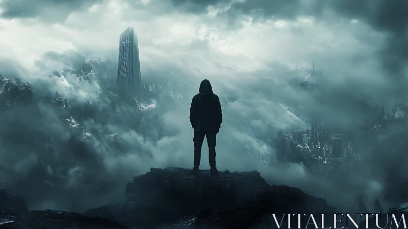 Solitary hooded observer above submerged megacity cloudscape.