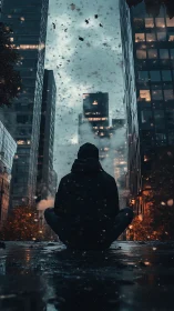 Solitary silhouette meditating in moody neon city storm.