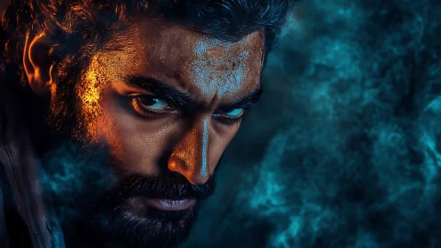 Smoldering male portrait in blue smoke and rim light.