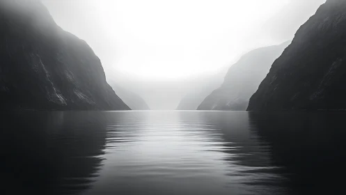 Silent misty fjord with mirrored water and towering cliffs.