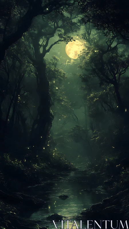 Moonlit Forest Stream Path Illuminated.