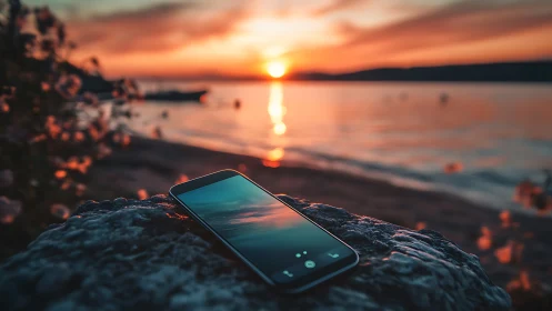 Smartphone rests on seaside rock as vivid sunset glows warmly