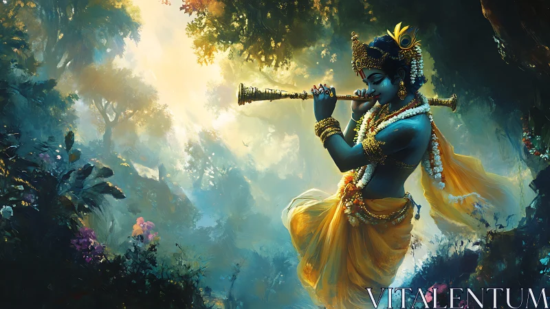 Mystic blue deity playing flute in radiant forest light.