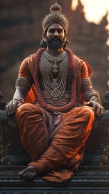 Regal sage on a sunlit throne draped in sacred opulence.