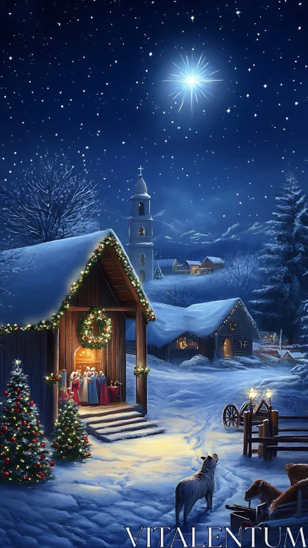 Starlit village hushes as nativity lanterns warm the snow