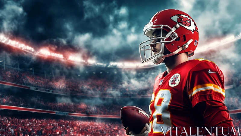 Red-uniformed football player stands focused in stormy stadium.