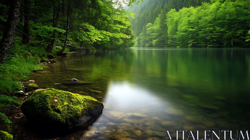 Quiet forest lake invites gentle reflection in soft green light