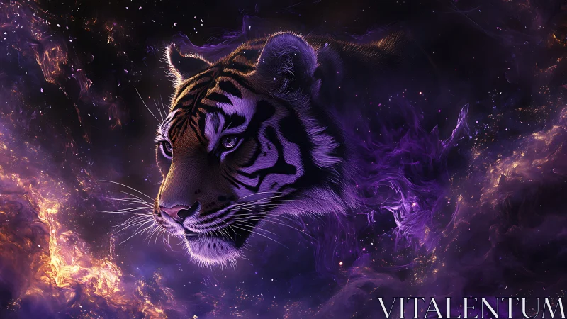 Tiger head rendered in luminous violet and orange nebular field