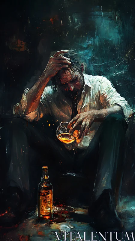 Painterly noir study of a man drinking alone on floor.