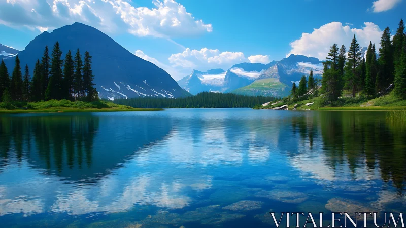 Calm alpine lake mirrors snowcapped peaks under vivid blue sky
