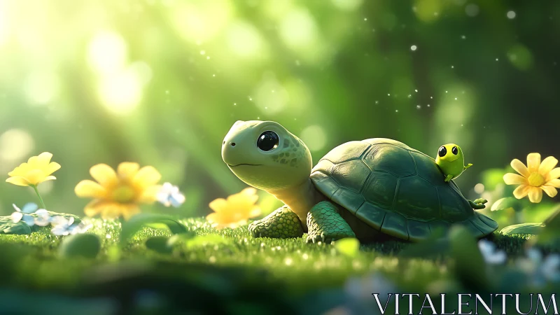 Small turtle with green friend in soft flower meadow.