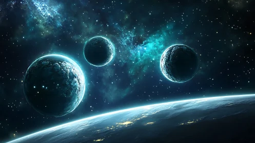 Three cratered planets orbit above illuminated planetary limb