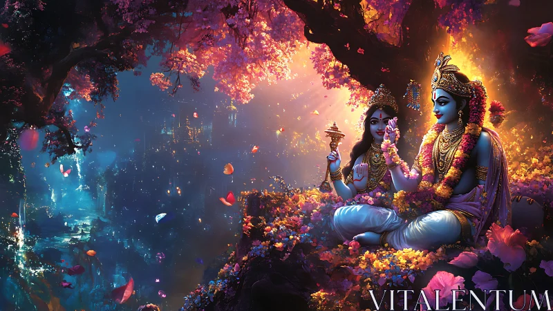 Mystical blue lovers resting in a glowing fantasy garden.