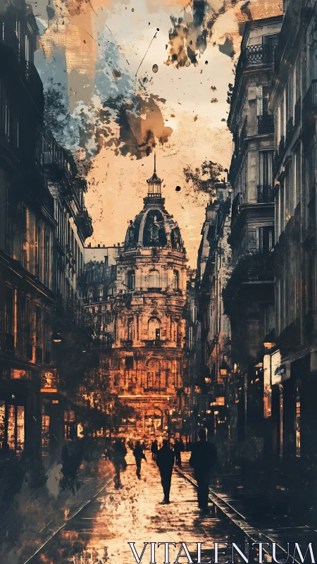 Urban street scene aligns toward distant domed building