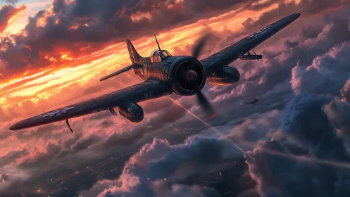 WWII naval dive bomber banking through storm-lit sunset cloudscapes