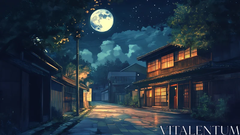 Moonlit traditional street under warm lantern glow at night.