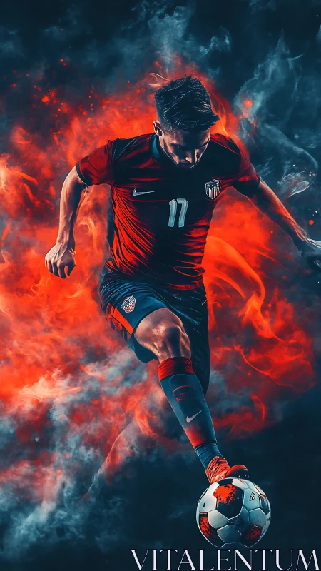 Soccer player kicks ball through blazing red smoke