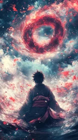 Lone warrior confronts a flaming celestial ring in stormy sky