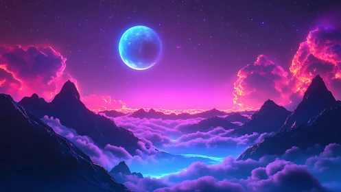 Neon cloudscape with moon above stylized mountain peaks.