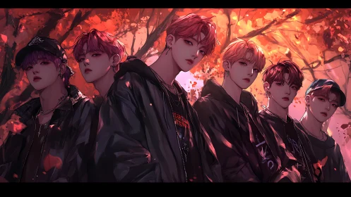 Stylized boy group in autumn alley with dramatic rim lighting