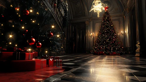 Grand interior with illuminated Christmas trees and gifts.