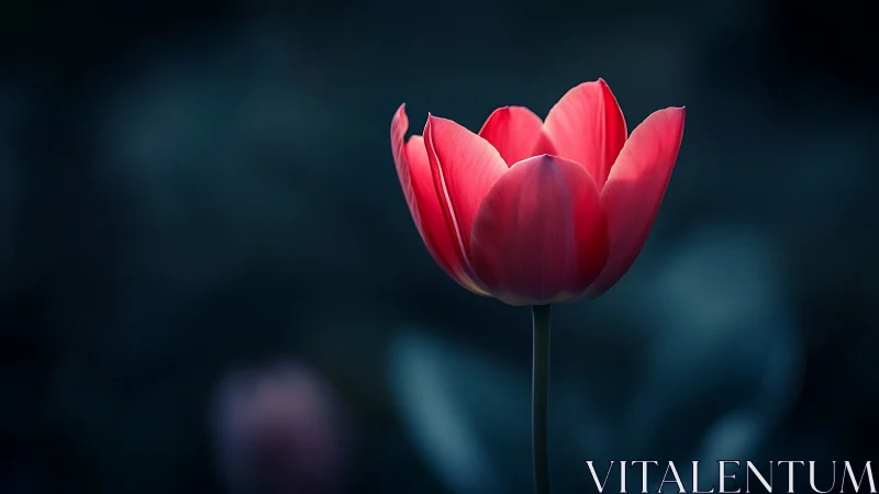 Red Tulip Silhouetted Against Blurred Teal Background