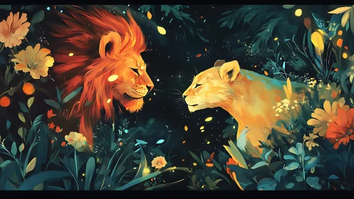 Lion pair in floral landscape with dark background.