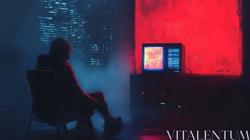 Solitary hooded figure facing glowing monitor in dark room.